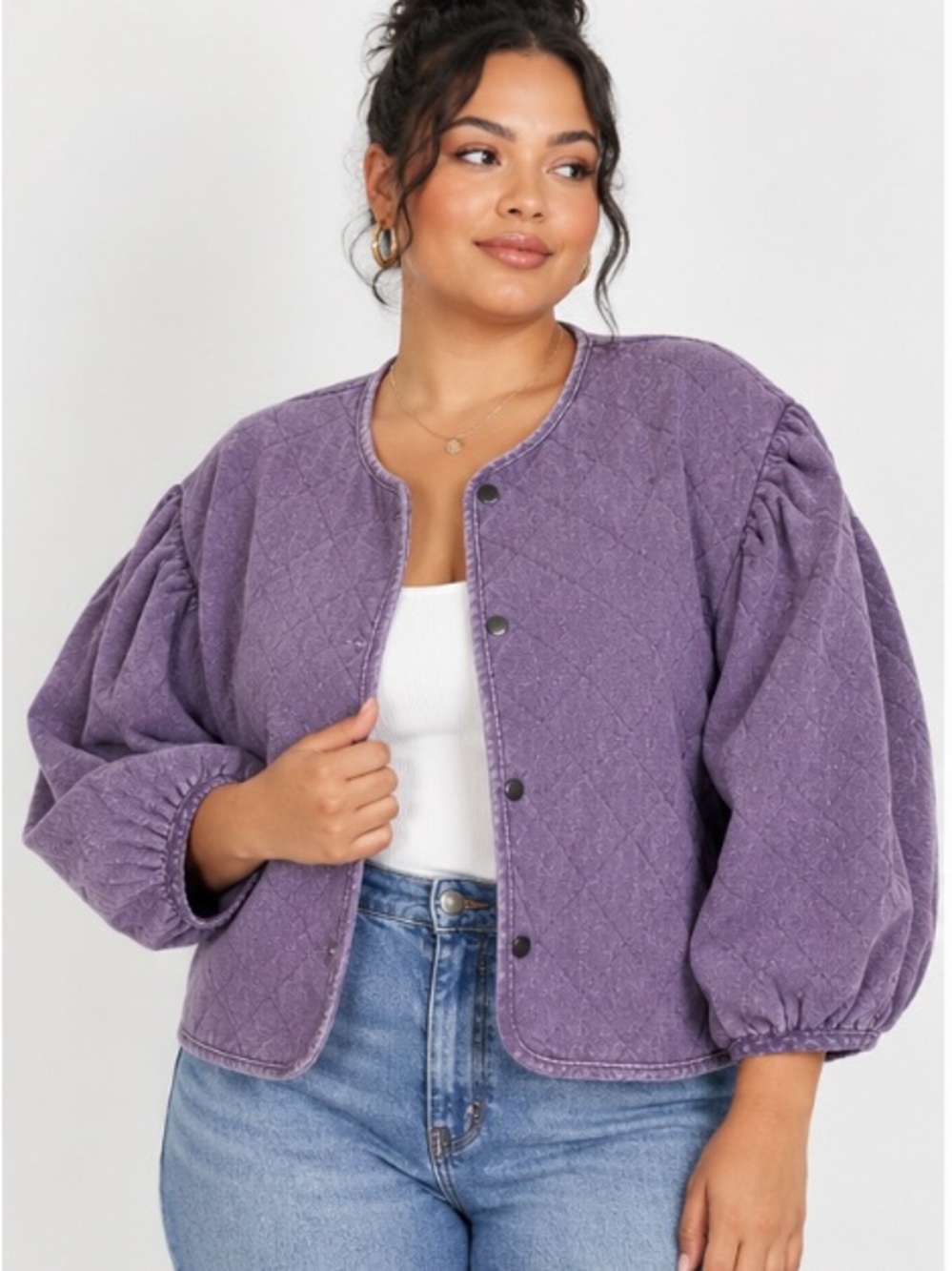 ODDY Purple Quilted Puff-Sleeve Snap Jacket